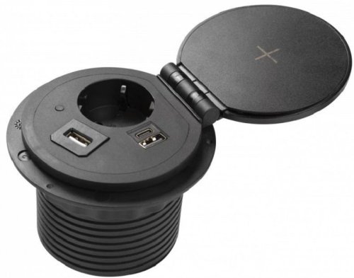 Розетка встраиваемая GTV 1-м.+беспроводная зарядка+2xUSB+HDMI Ø80мм черный картинка